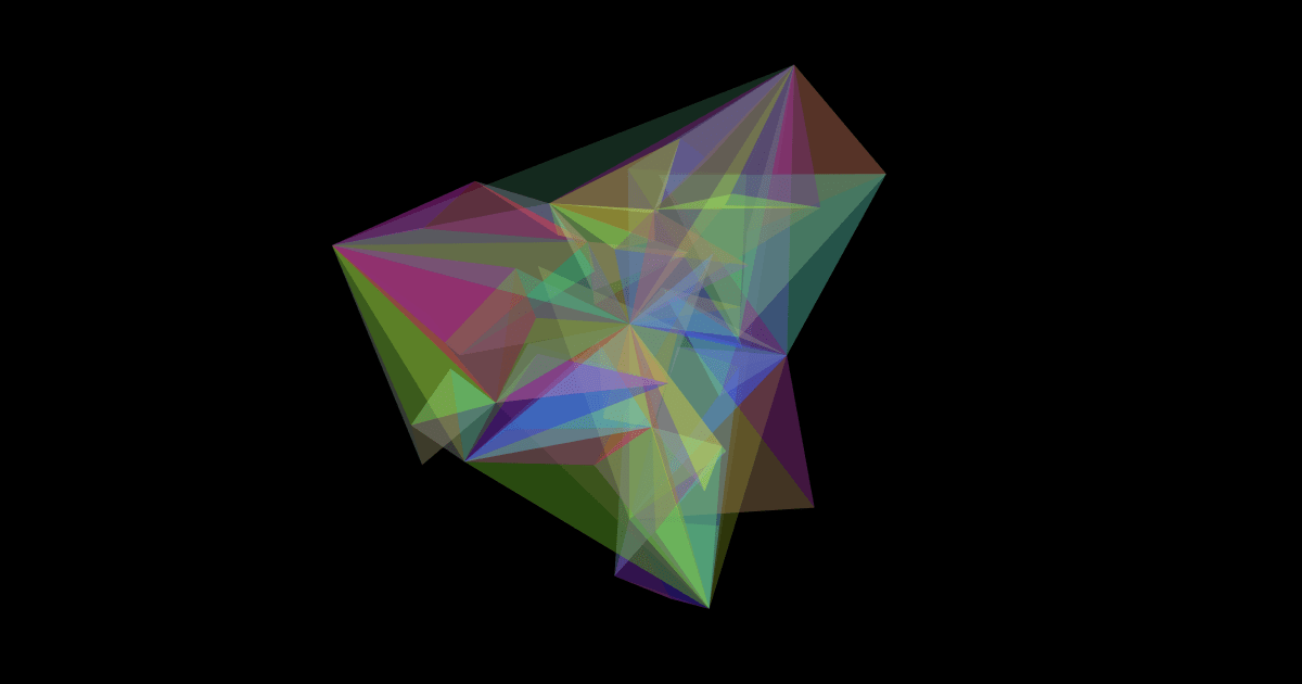 An organic three dimensional polygon shape that is composed of many semi tranluscent colorful triangles.